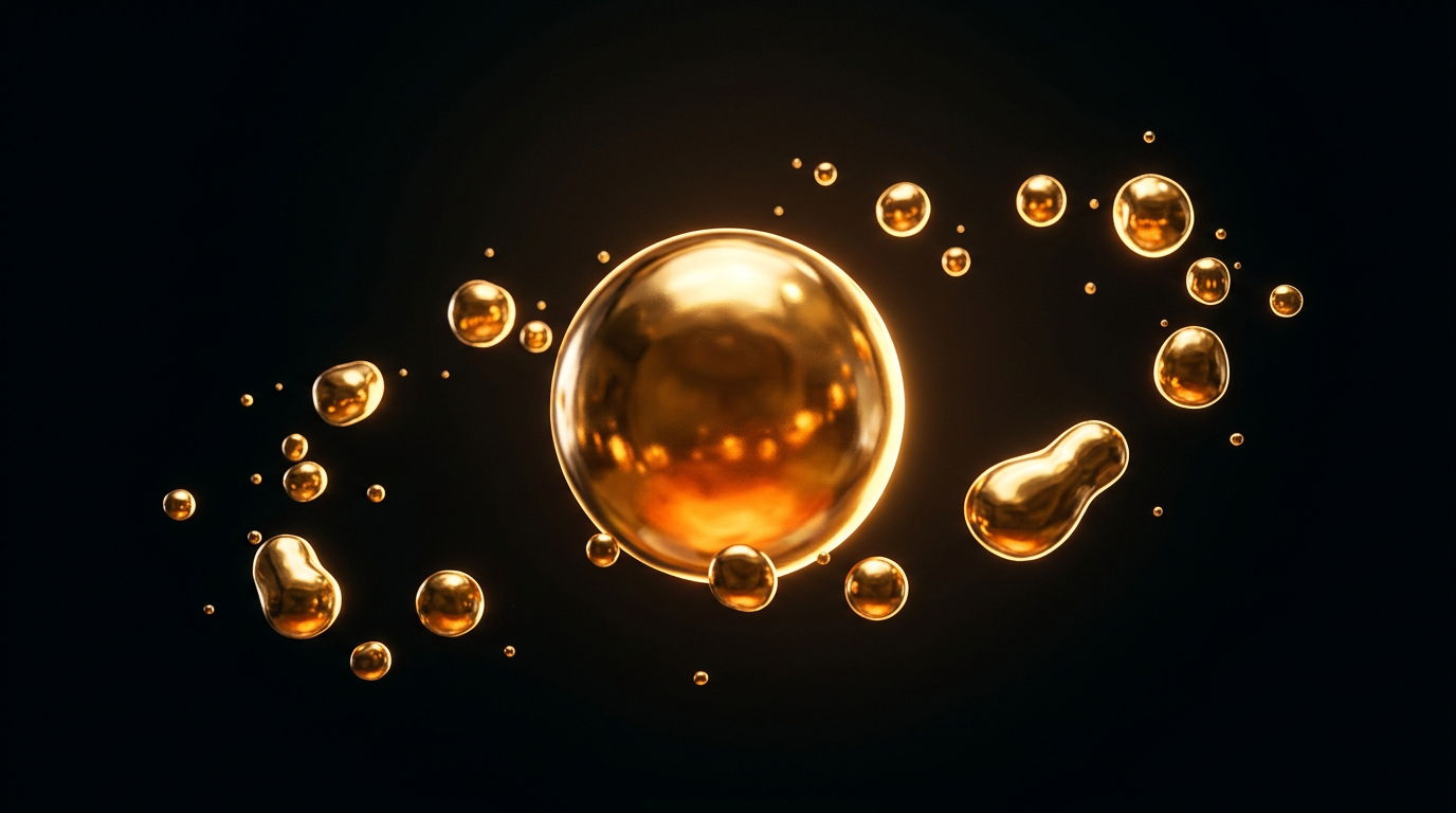 Sculpted gold forms floating over a dark surface